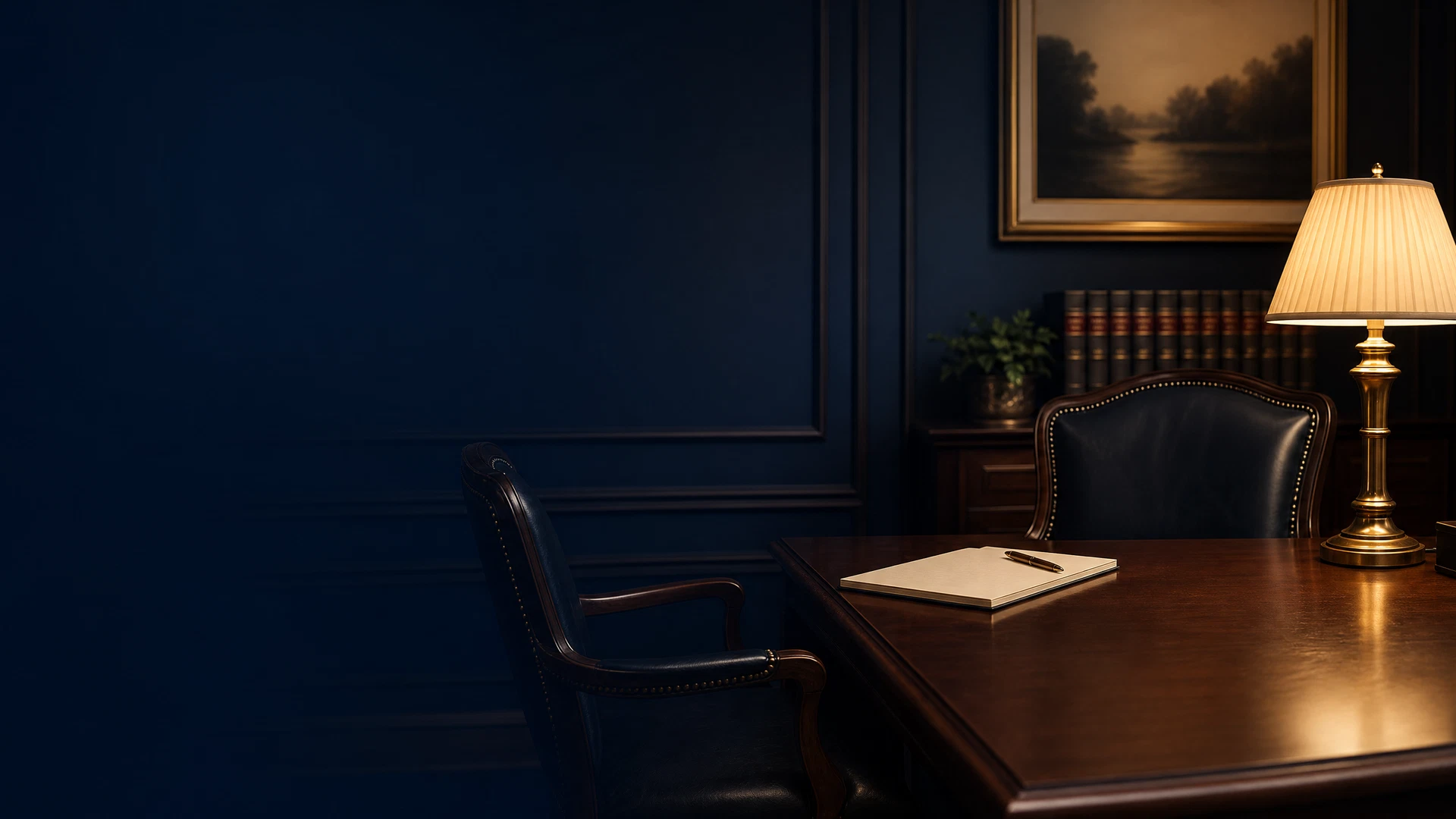 Attorney consultation table with two empty chairs, representing questions about choosing criminal defense counsel