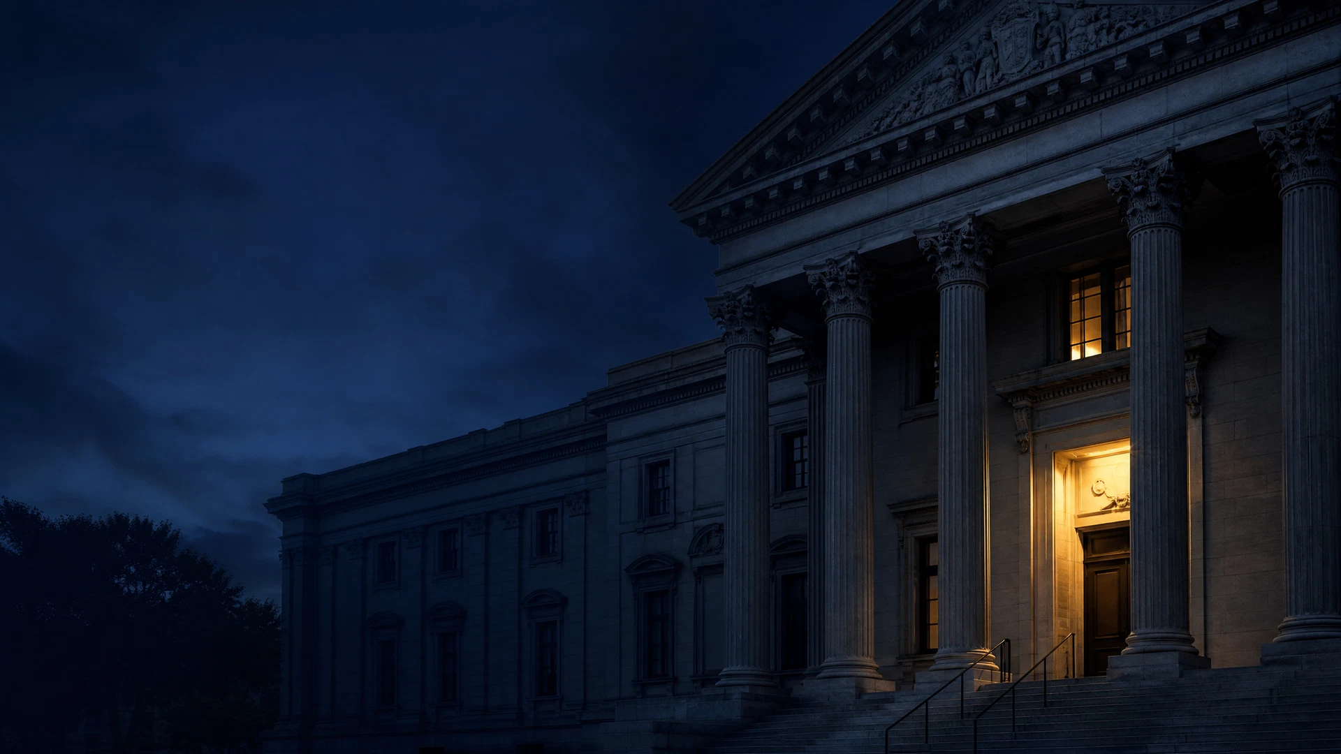 Grave Oklahoma courthouse entrance at evening, representing serious homicide-charge process guidance