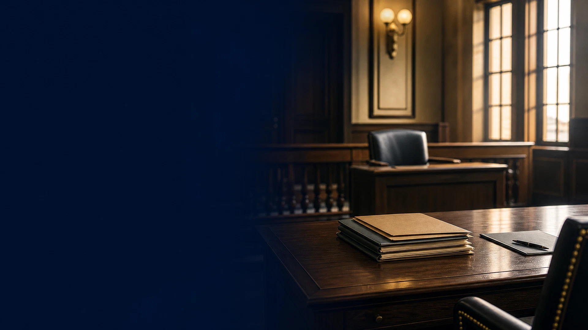 Empty Oklahoma hearing room with legal folders, representing a preliminary hearing