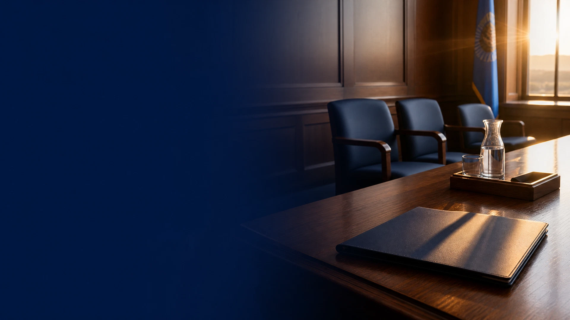 Prepared hearing table with blank agenda folder, representing Oklahoma parole-hearing preparation for families