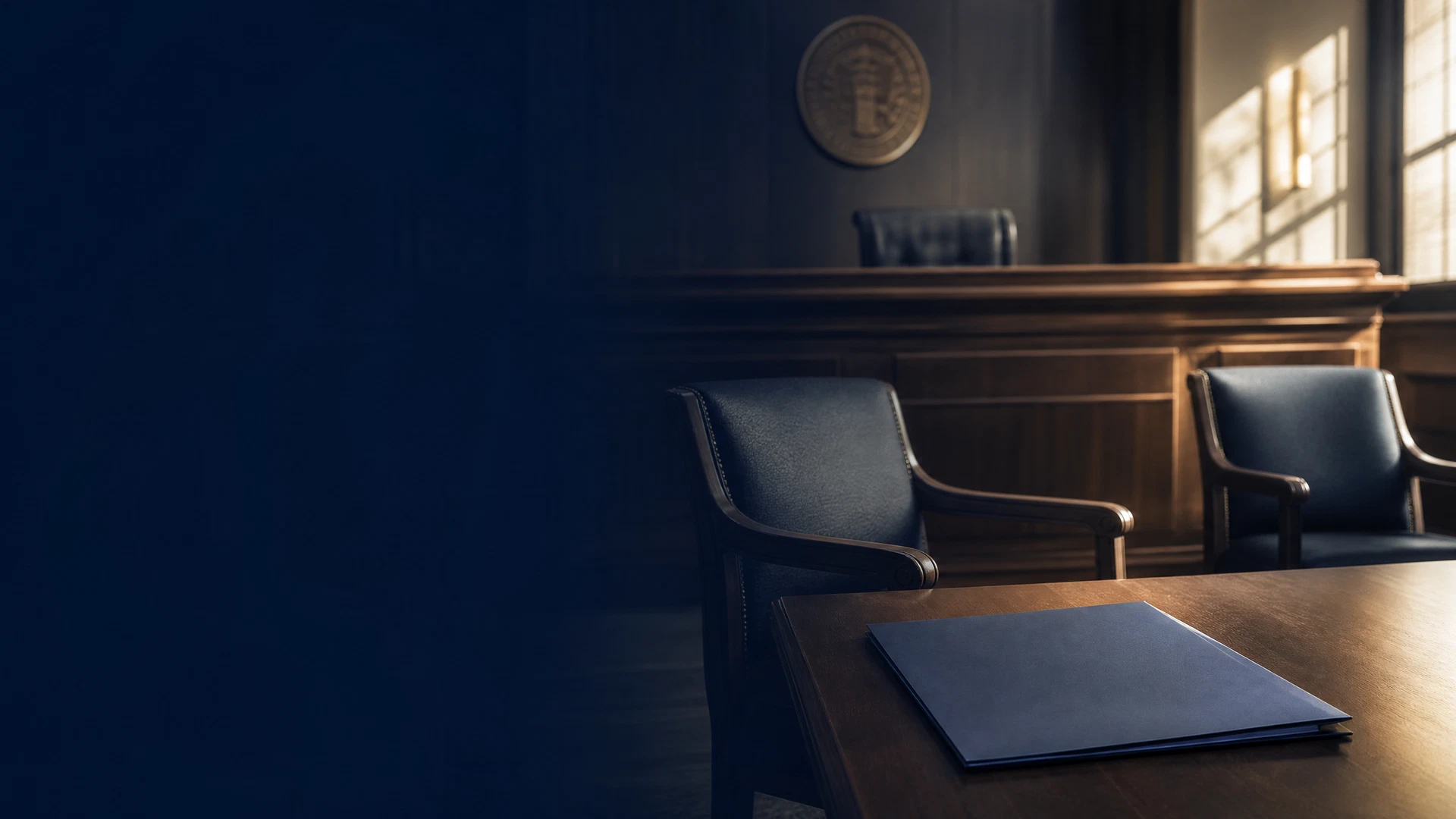 Empty civil-hearing room with separated chairs, representing a protective-order hearing process