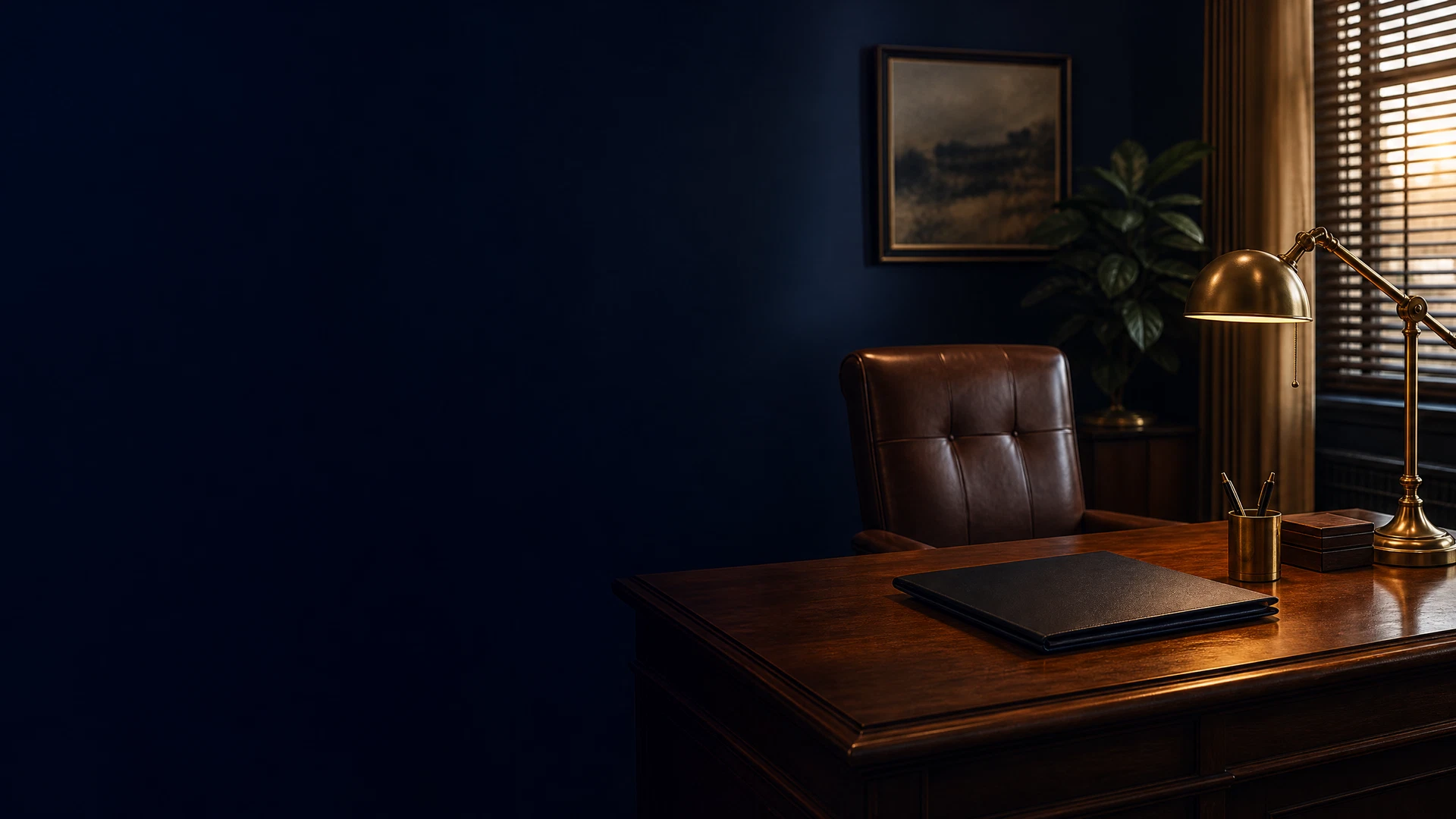 Attorney office desk with a closed case folder and warm desk lamp