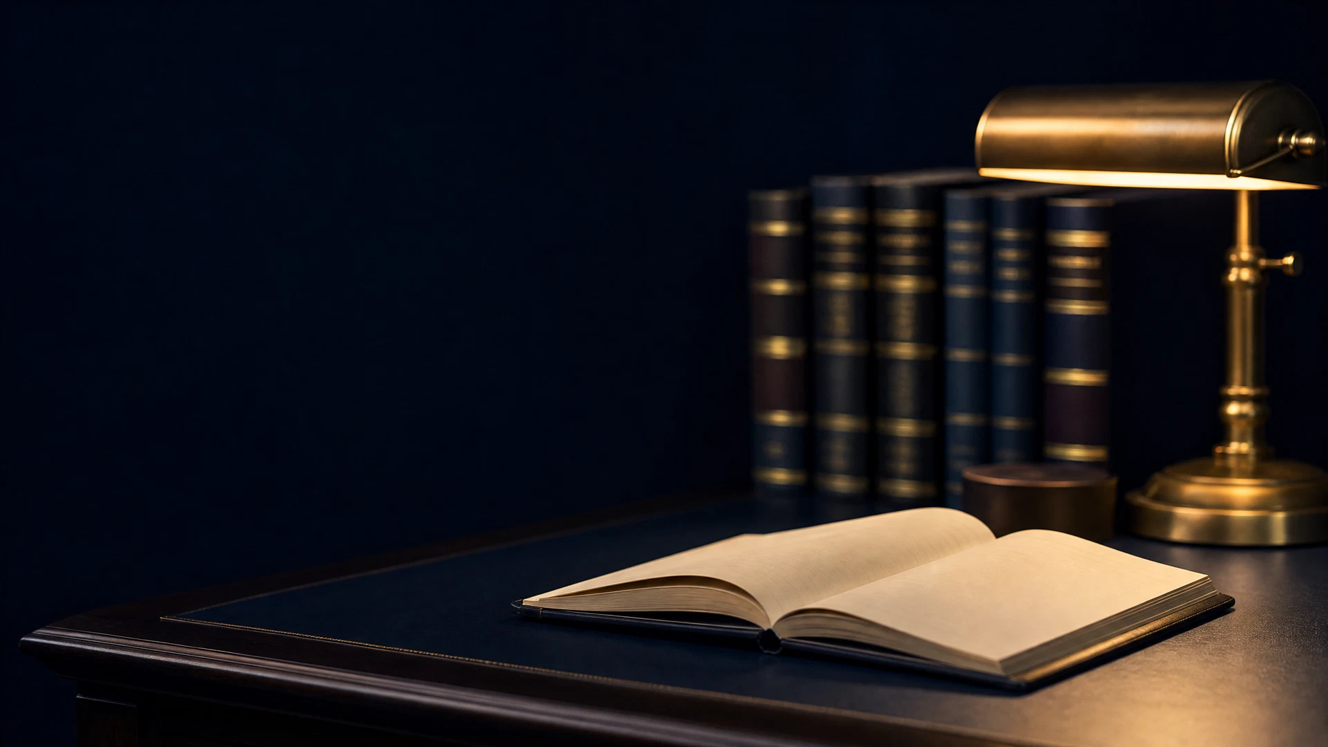 Legal reading table with an open notebook and reference books