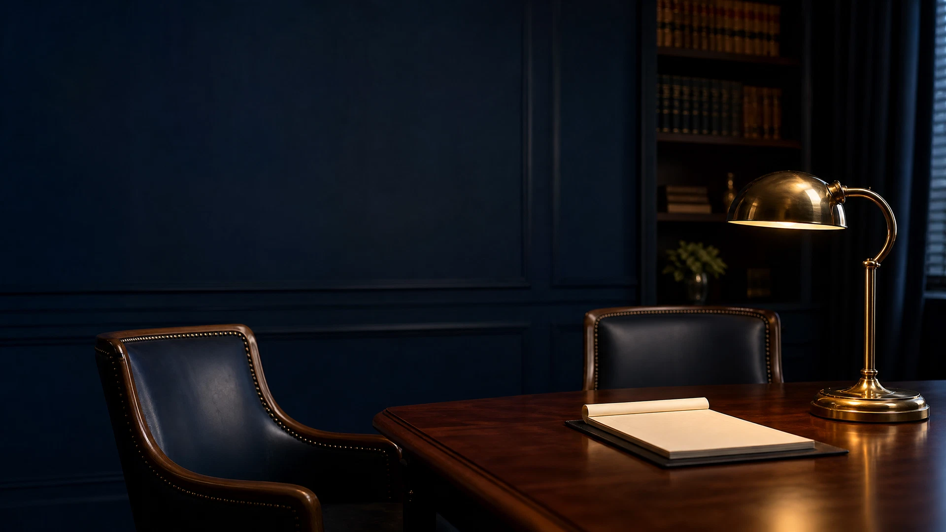 Quiet attorney office consultation table with two empty chairs