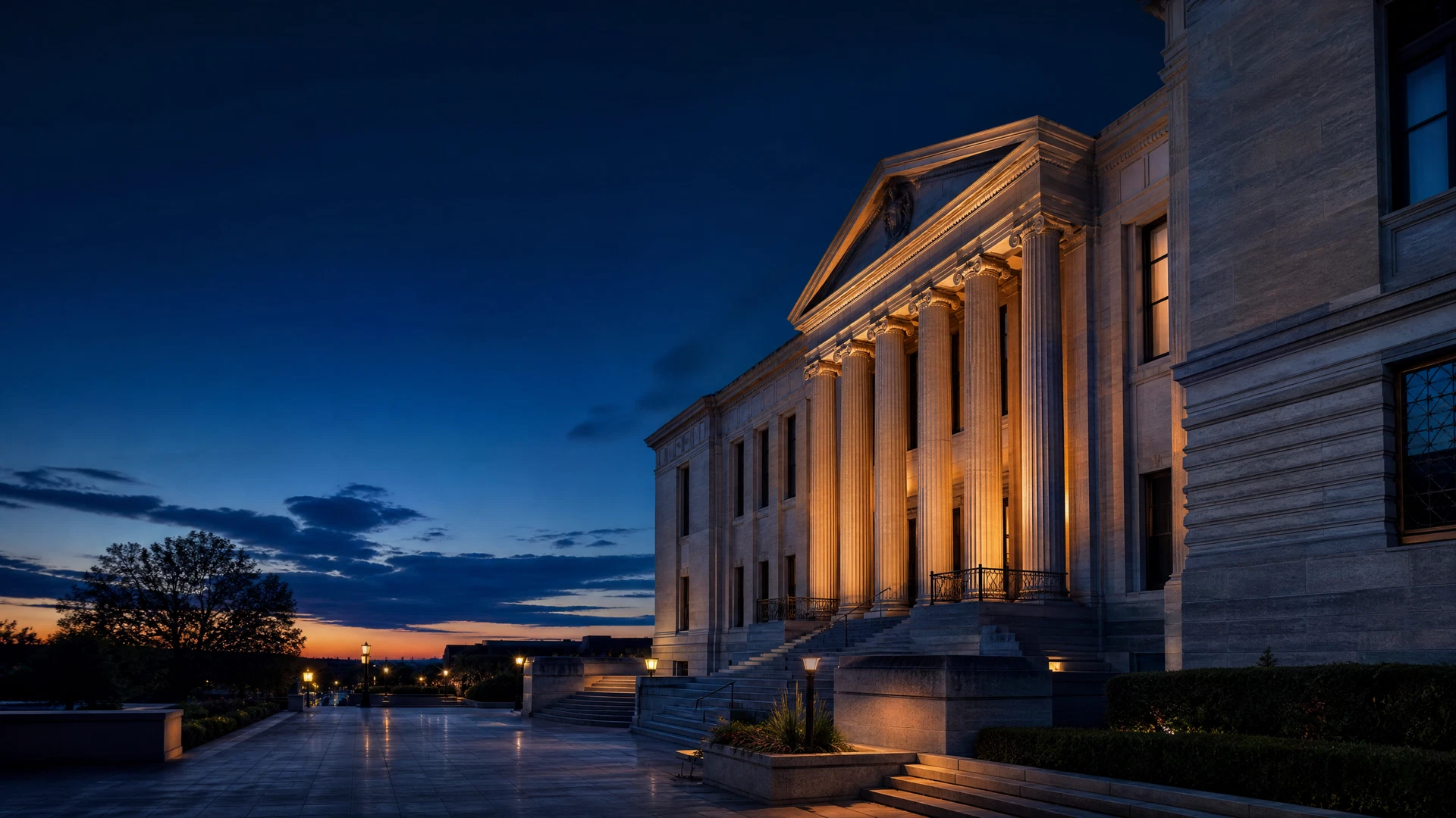 Oklahoma courthouse exterior at early blue hour