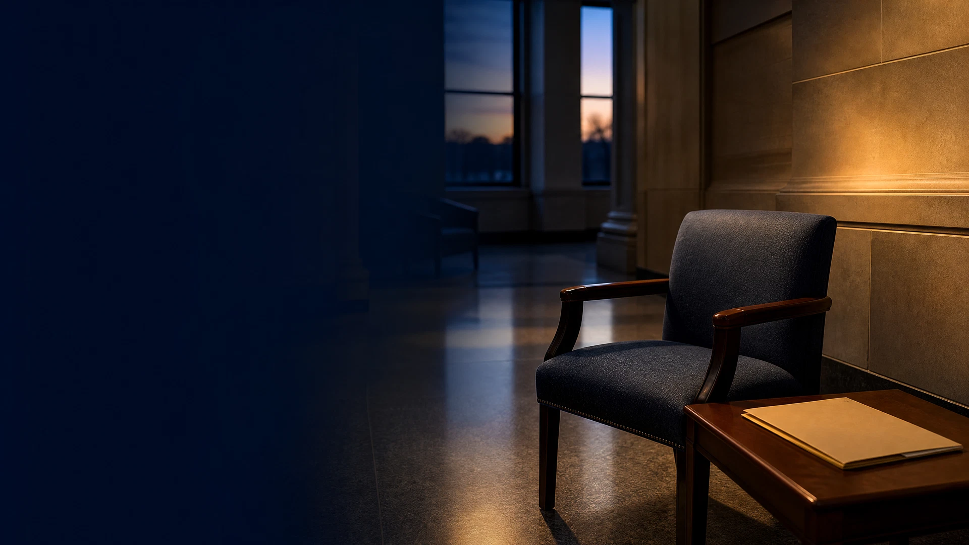 Quiet courthouse waiting area at dusk