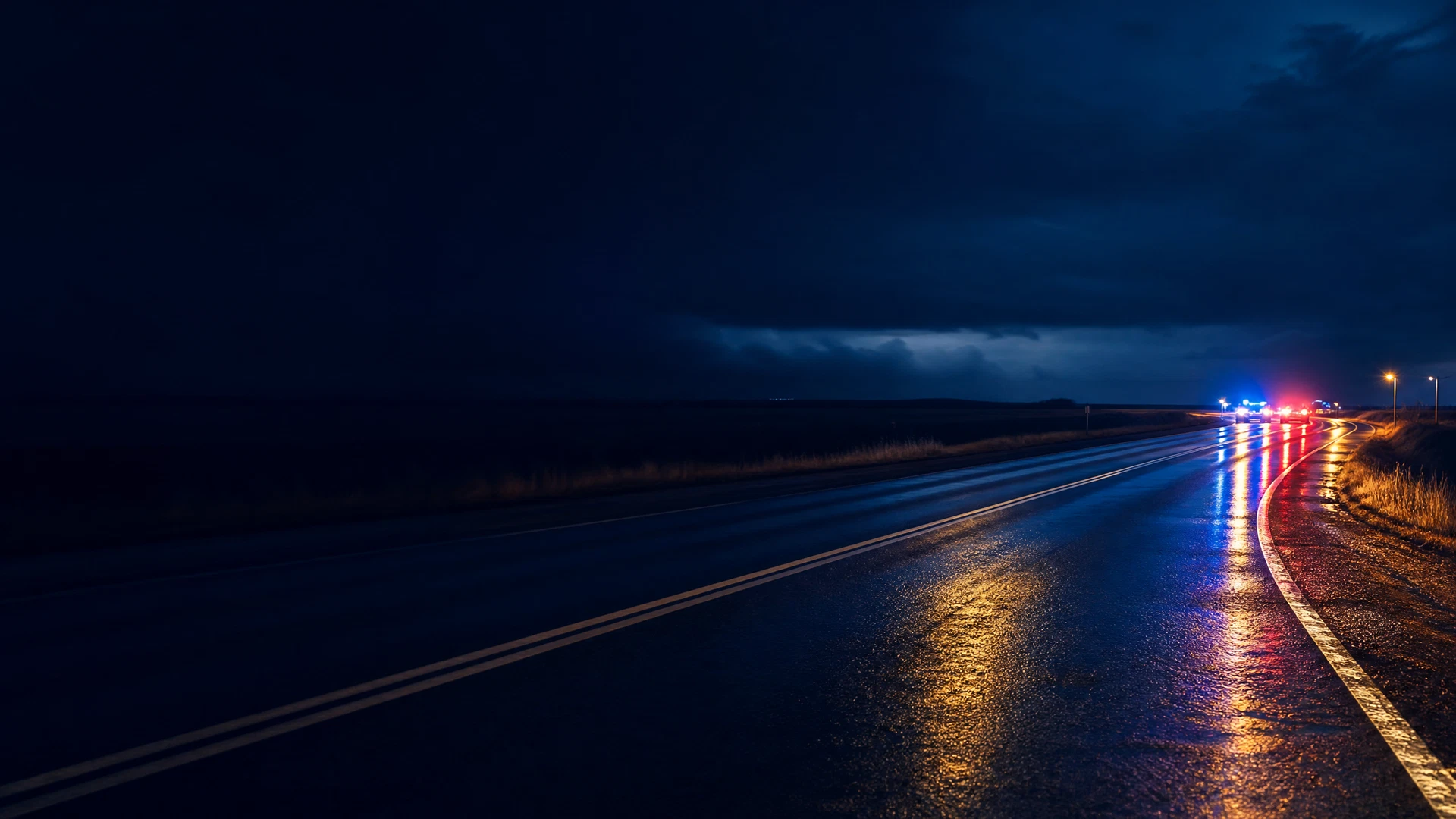 Rain-slick Oklahoma roadway at blue hour