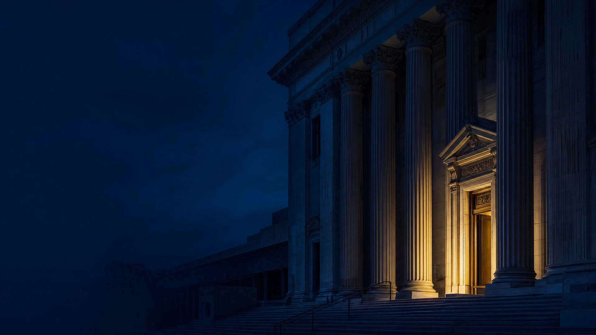 Imposing Oklahoma courthouse facade at late blue hour