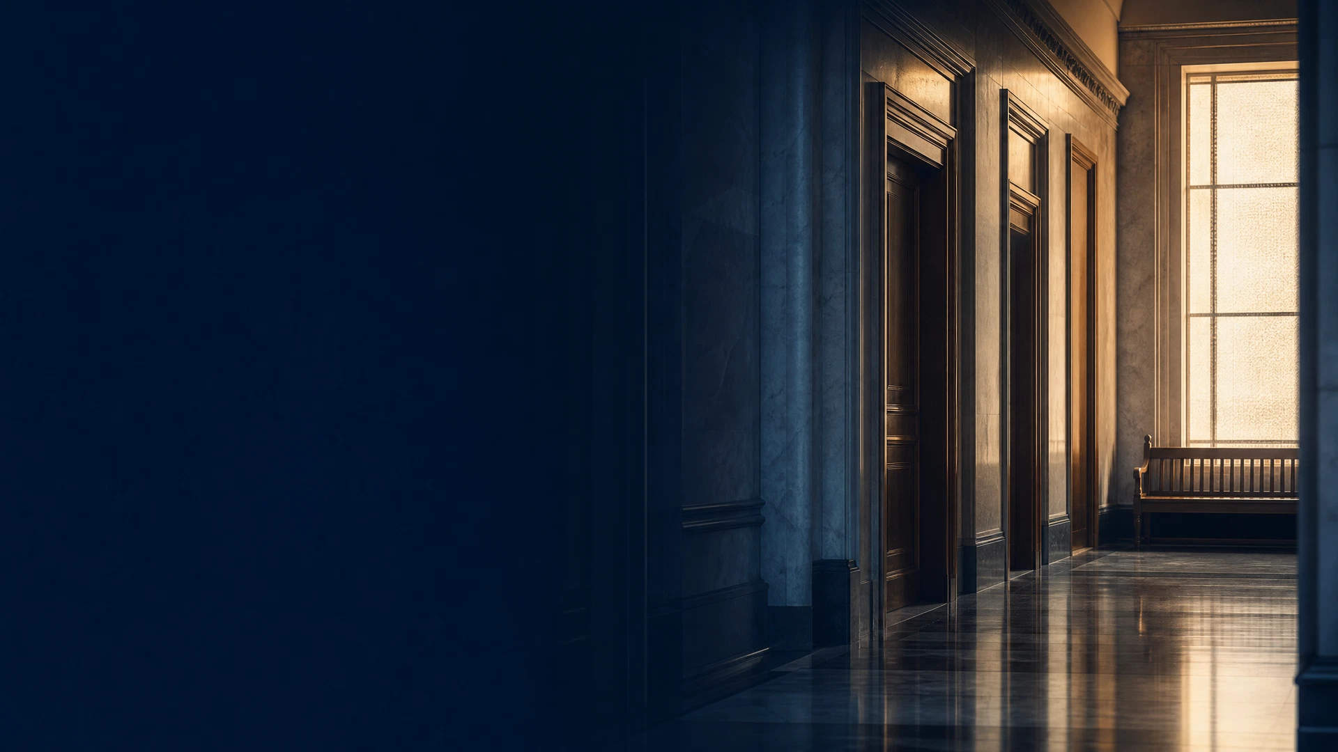 Discreet courthouse hallway with frosted window light
