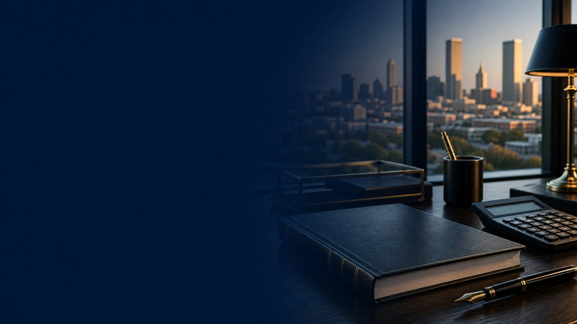 Office desk with ledger and softly defocused Tulsa-style skyline
