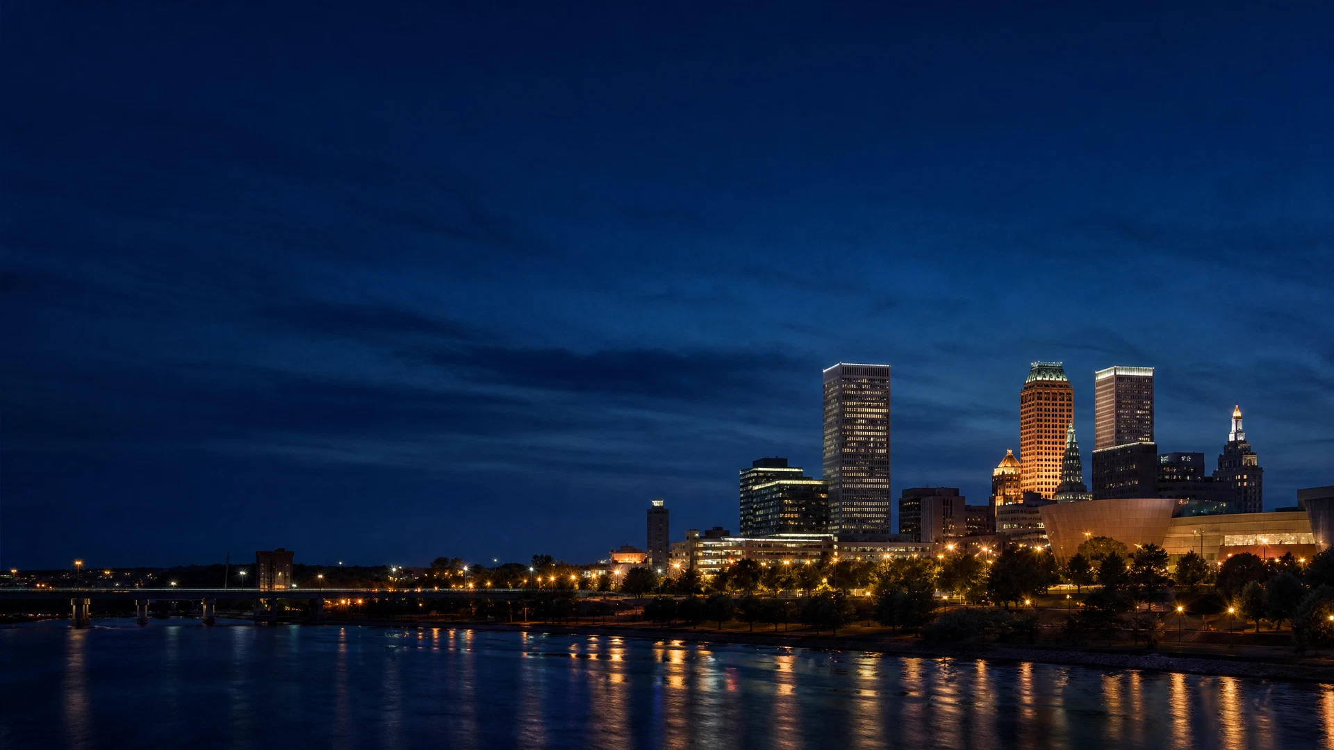 Downtown Tulsa-style skyline at blue hour