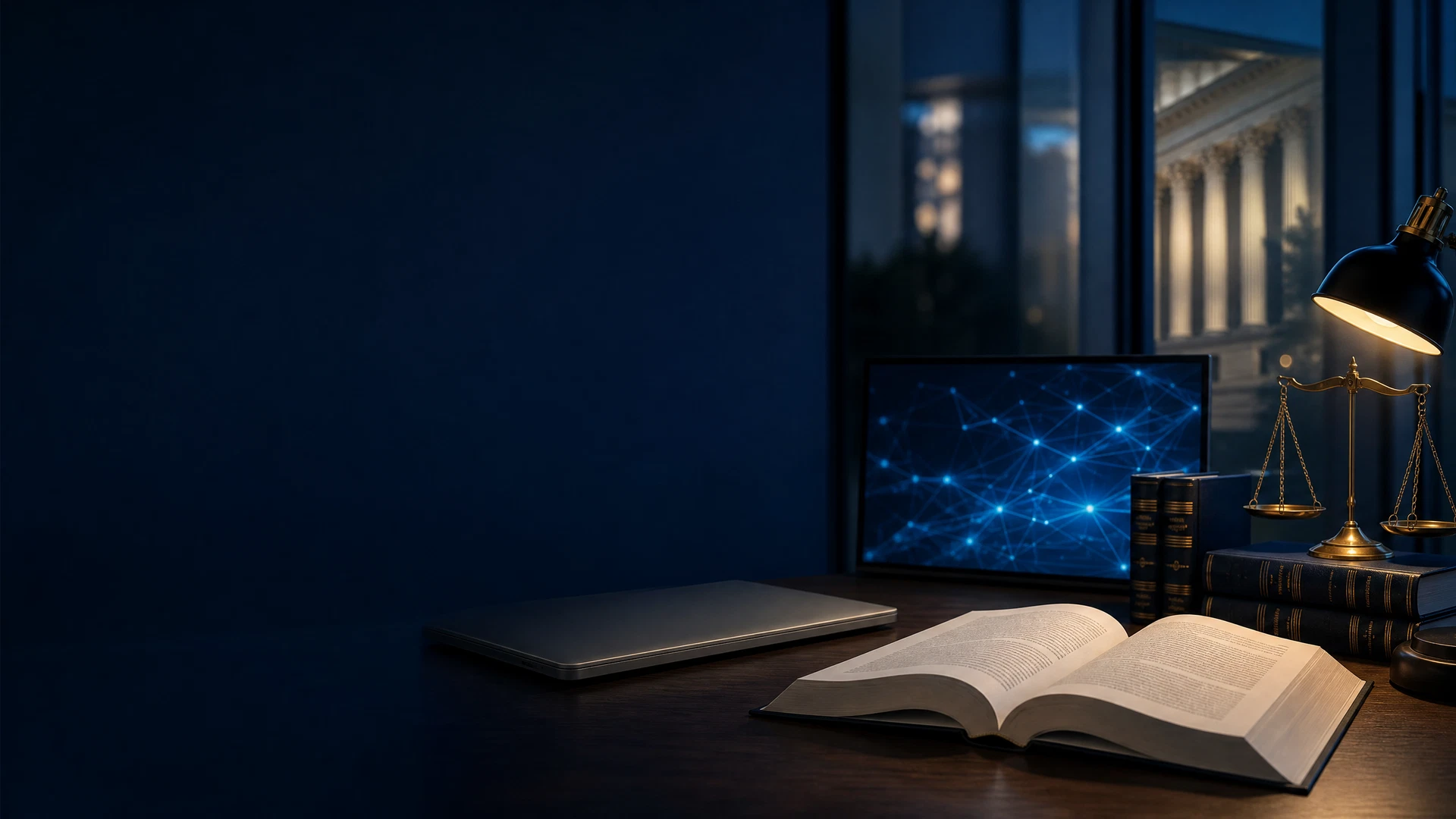 Closed laptop and legal-code book on a professional desk, representing Computer Crimes Act classification questions